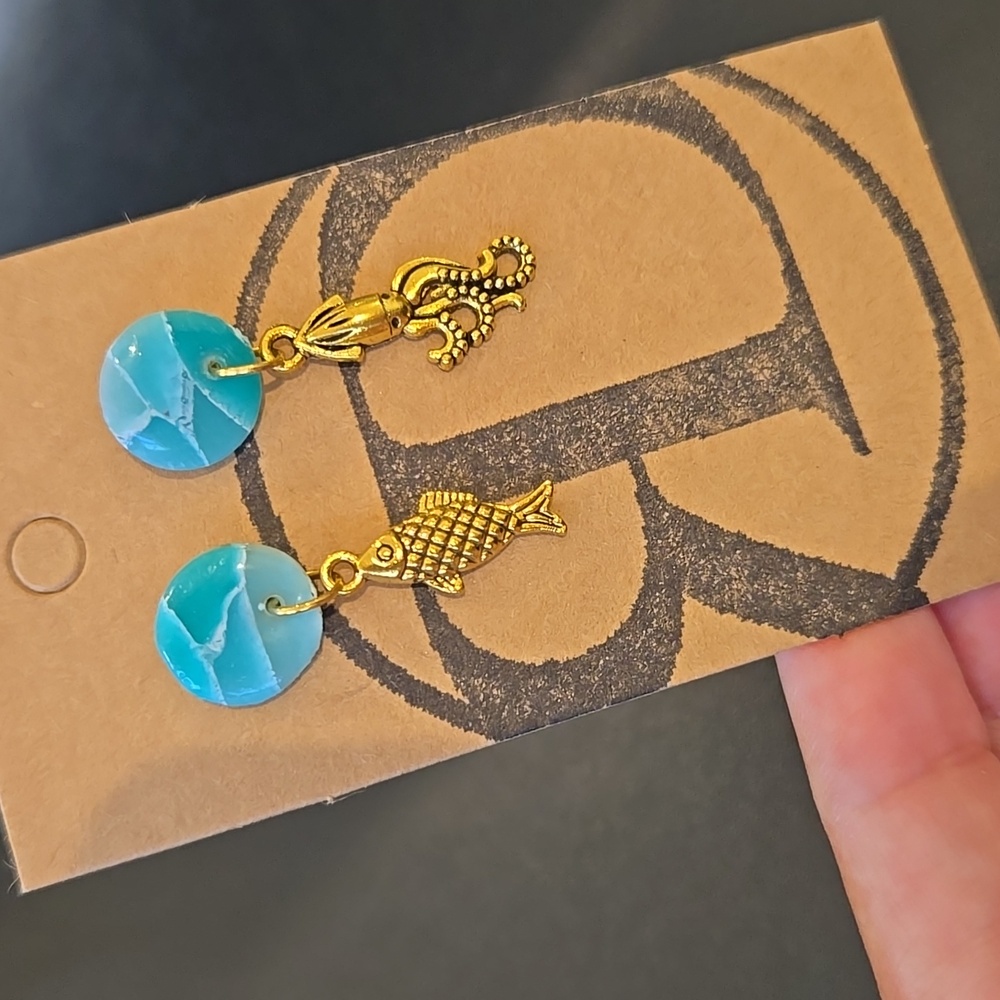 "Aquatic" Handmade Earrings Upcycled Repurposed One Of A Kind